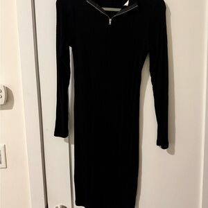 LNA Black Ribbed Long-Sleeve Zip-Neck Dress
